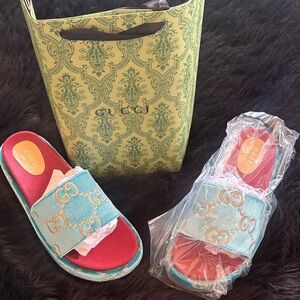 Gucci Turquoise Velvet GG Slide Sandals with Red Insoles